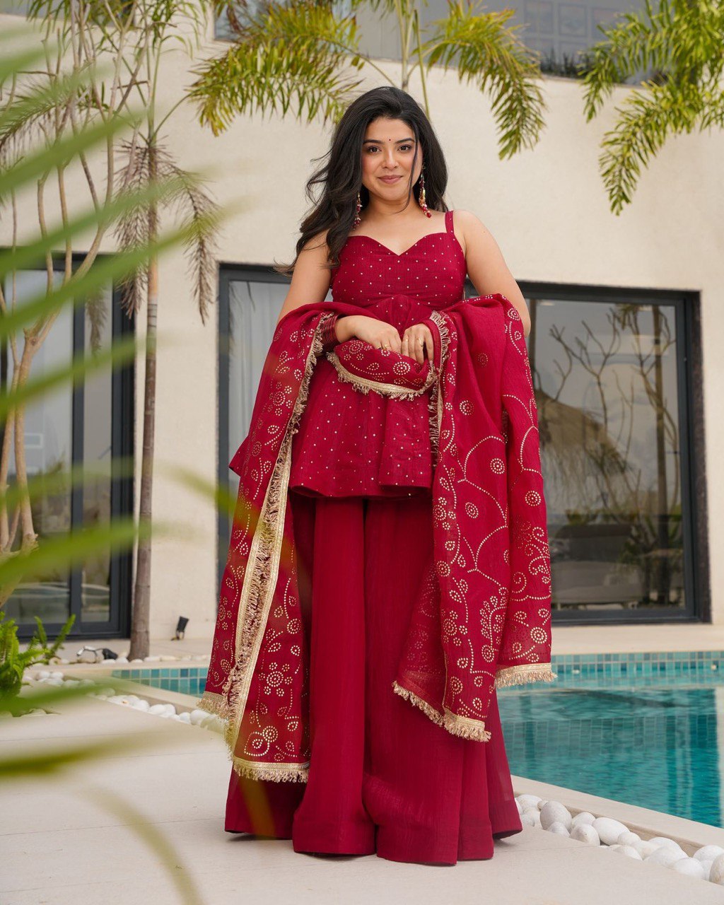 Ceremony Wear Red Color Tabby Organza With Mukesh Work Designer Palazzo Suit