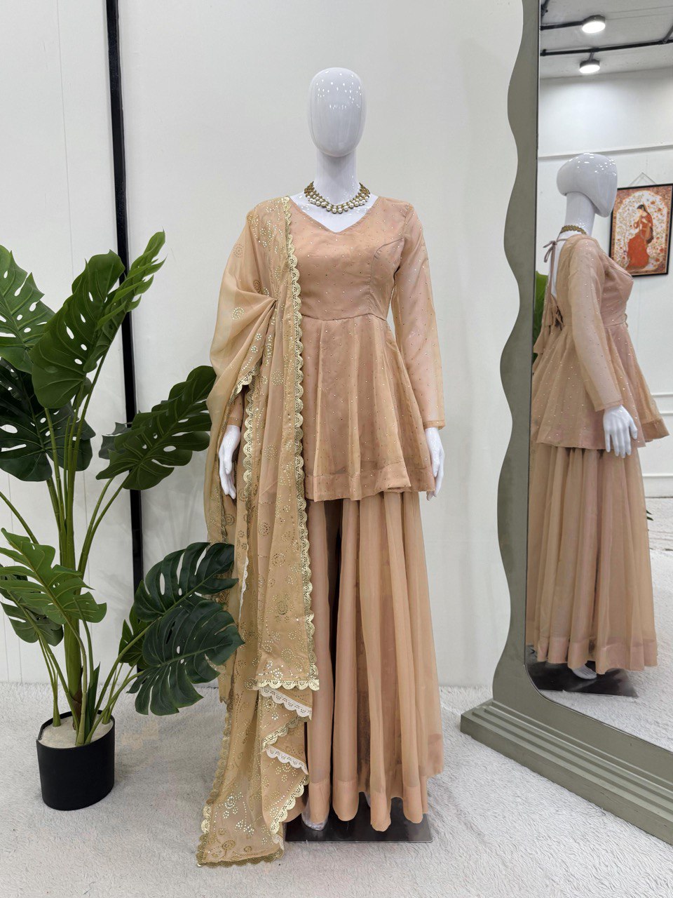 Party Wear Cream Color Tabby Organza With Mukesh Work Designer Palazzo Suit