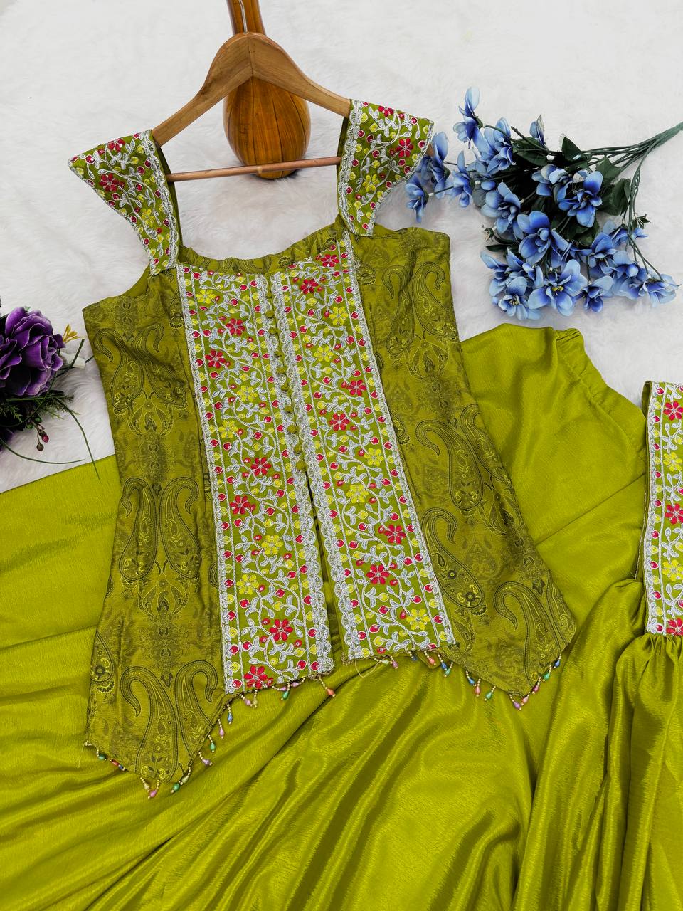 Captivating Green Color Heavy Chinon With Embroidery Sequins Work Palazzo Suit