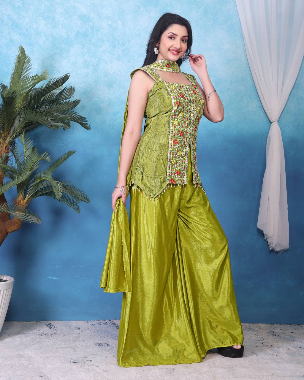 Captivating Green Color Heavy Chinon With Embroidery Sequins Work Palazzo Suit