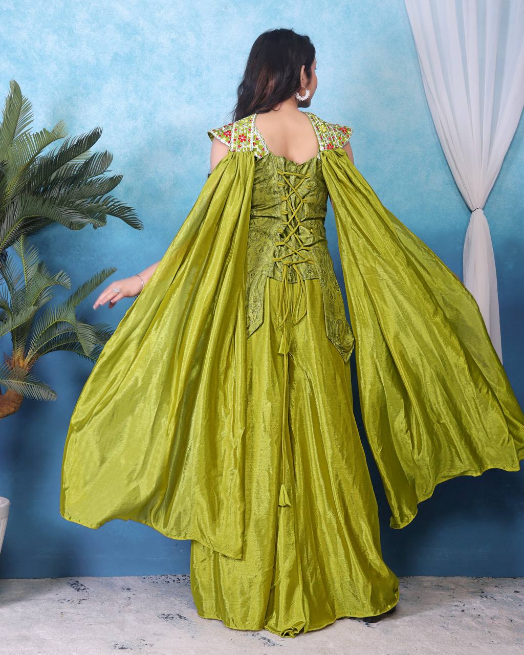Captivating Green Color Heavy Chinon With Embroidery Sequins Work Palazzo Suit