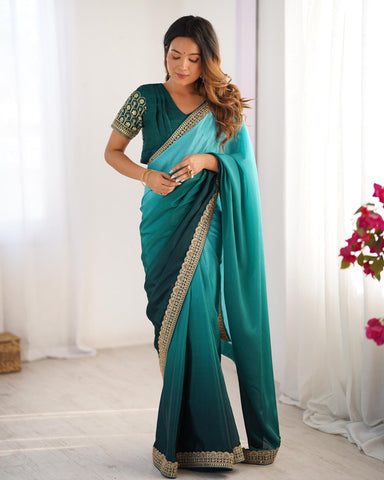 Party Wear Sky Color Chinon Silk And Thread With Sequence Lace Work Saree