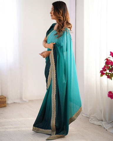 Party Wear Sky Color Chinon Silk And Thread With Sequence Lace Work Saree