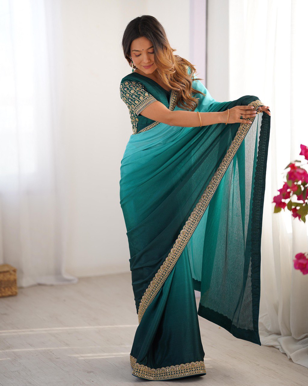 Party Wear Sky Color Chinon Silk And Thread With Sequence Lace Work Saree