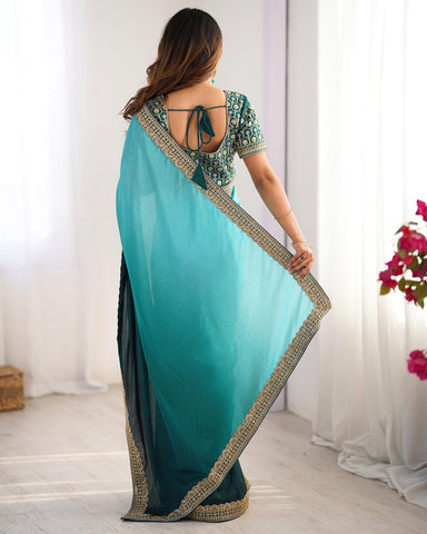 Party Wear Sky Color Chinon Silk And Thread With Sequence Lace Work Saree