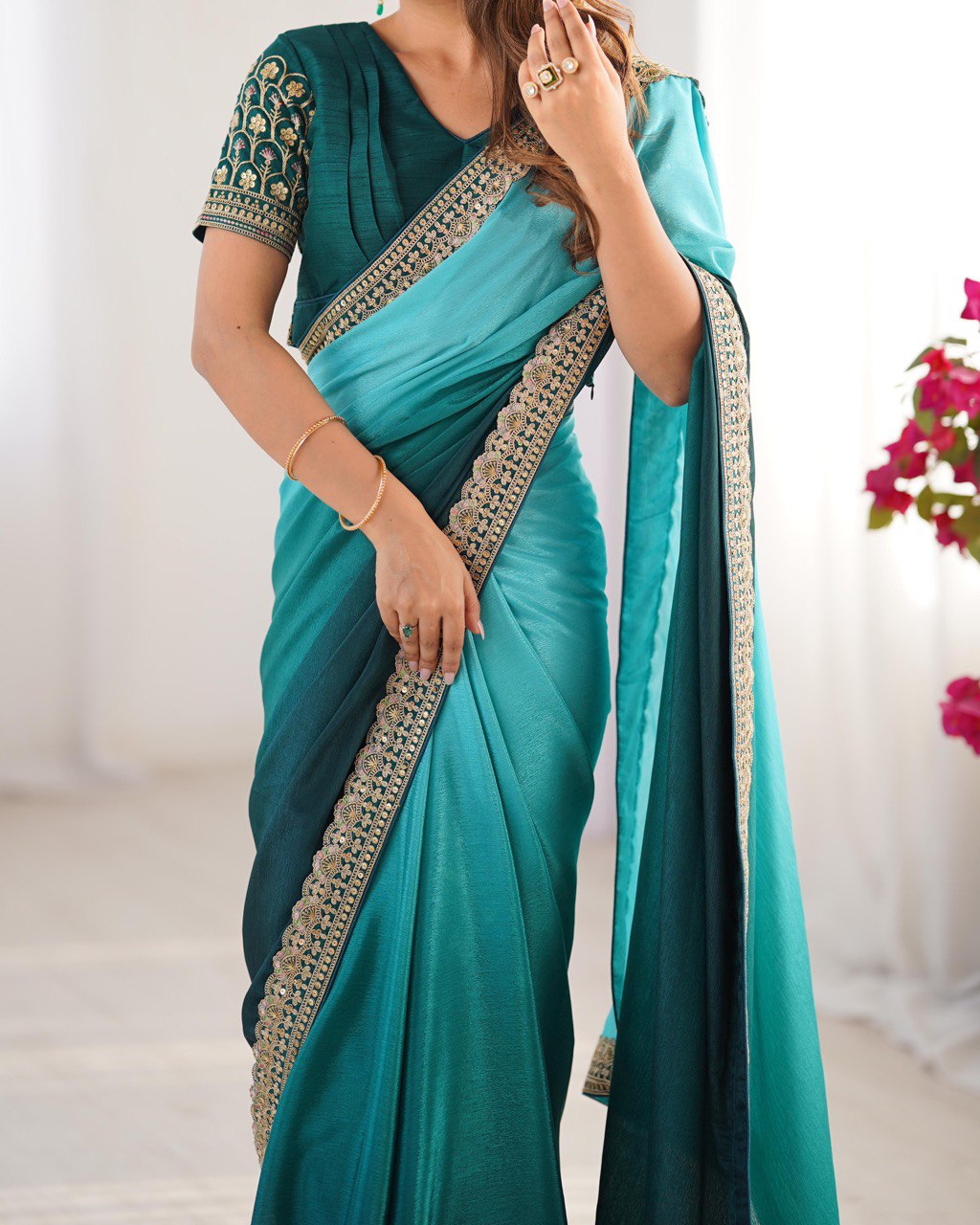 Party Wear Sky Color Chinon Silk And Thread With Sequence Lace Work Saree