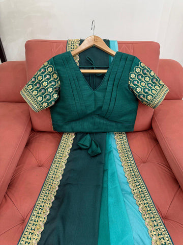 Party Wear Sky Color Chinon Silk And Thread With Sequence Lace Work Saree