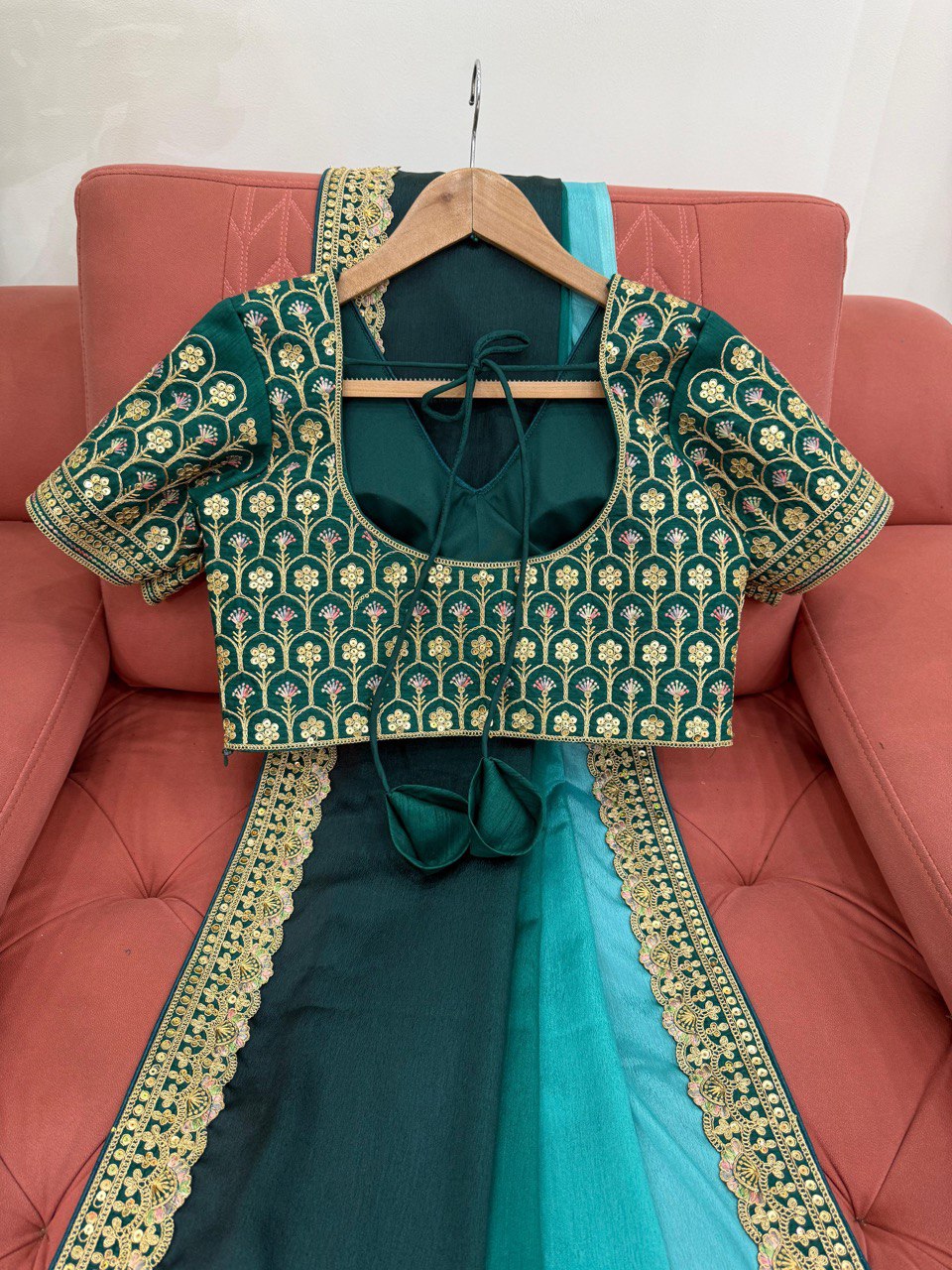 Party Wear Sky Color Chinon Silk And Thread With Sequence Lace Work Saree