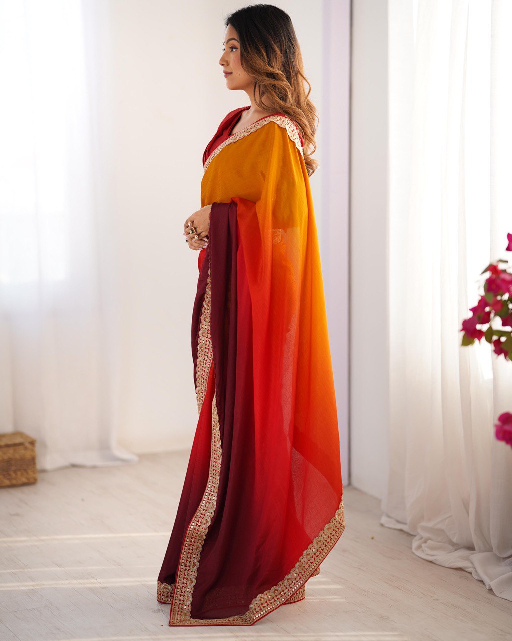 Party Wear Yellow-Orange Color Chinon Silk And Thread With Sequence Lace Work Saree