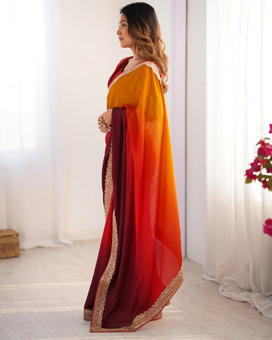 Party Wear Yellow-Orange Color Chinon Silk And Thread With Sequence Lace Work Saree