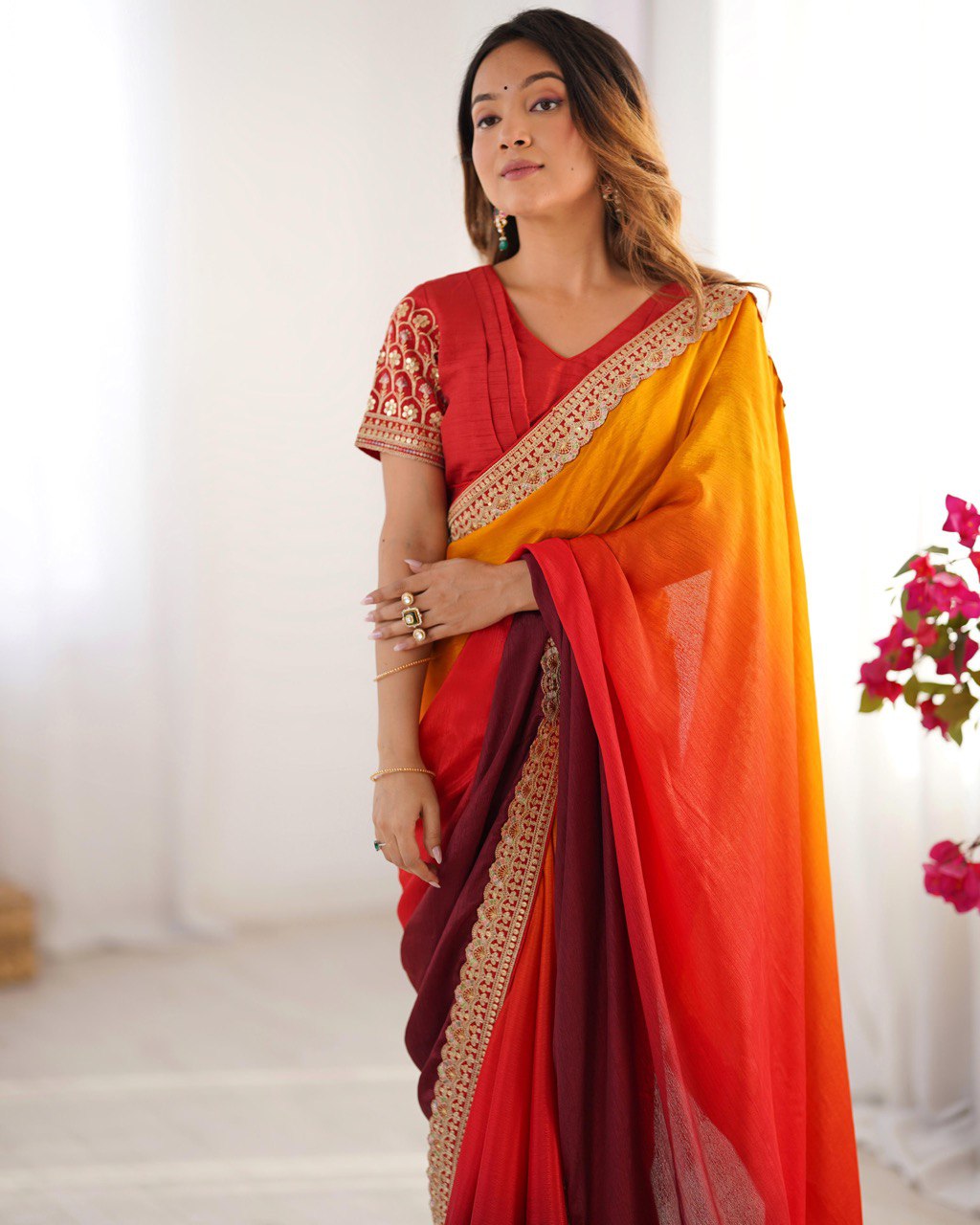 Party Wear Yellow-Orange Color Chinon Silk And Thread With Sequence Lace Work Saree