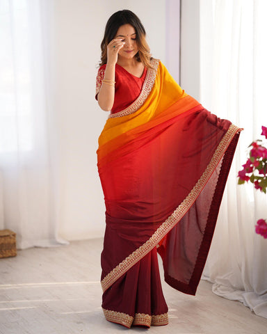 Party Wear Yellow-Orange Color Chinon Silk And Thread With Sequence Lace Work Saree