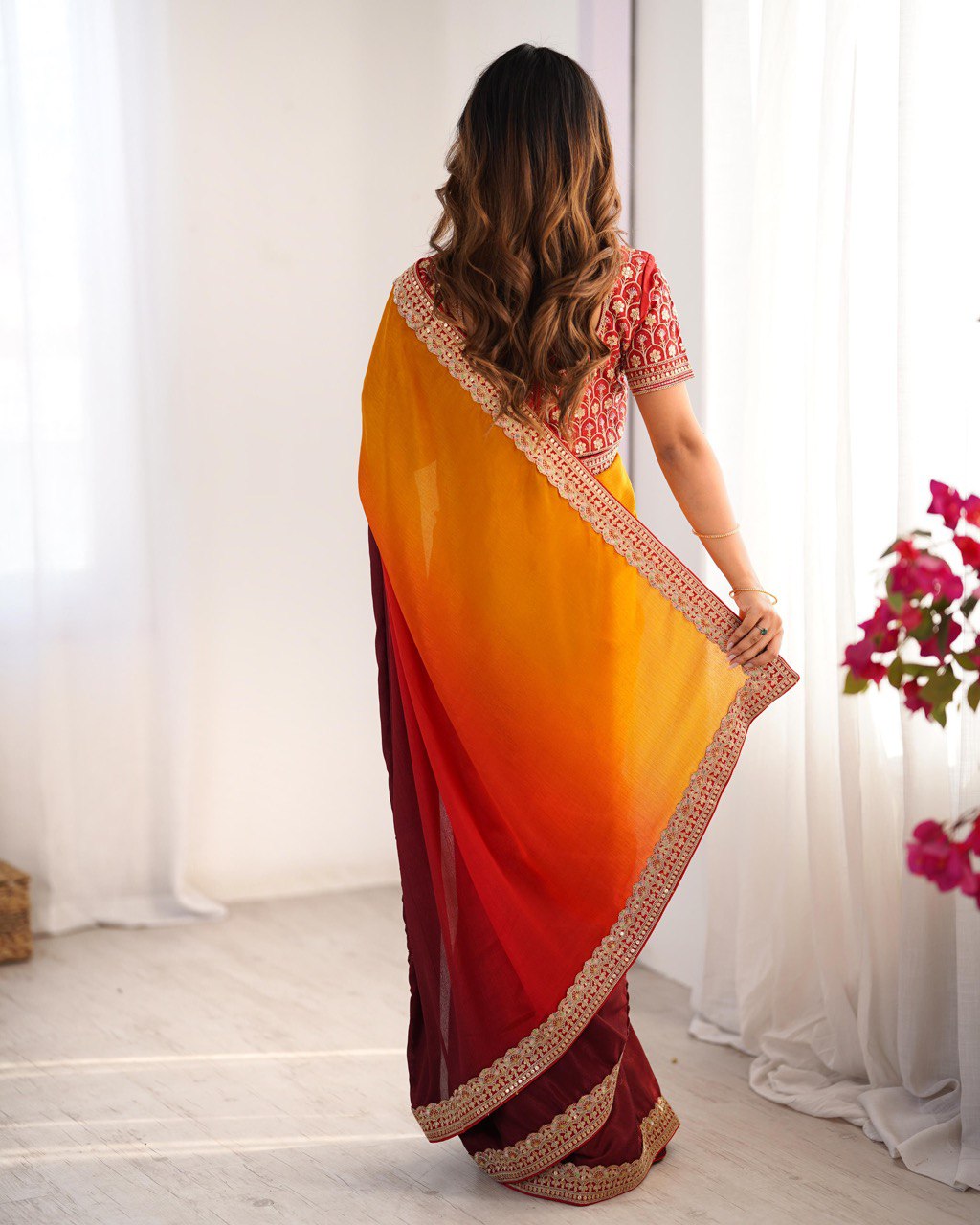 Party Wear Yellow-Orange Color Chinon Silk And Thread With Sequence Lace Work Saree