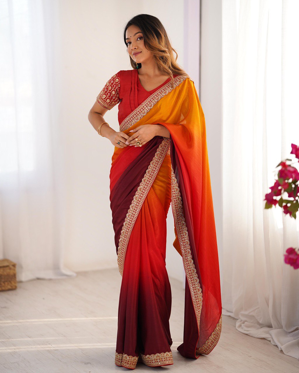 Party Wear Yellow-Orange Color Chinon Silk And Thread With Sequence Lace Work Saree