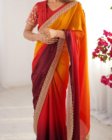 Party Wear Yellow-Orange Color Chinon Silk And Thread With Sequence Lace Work Saree