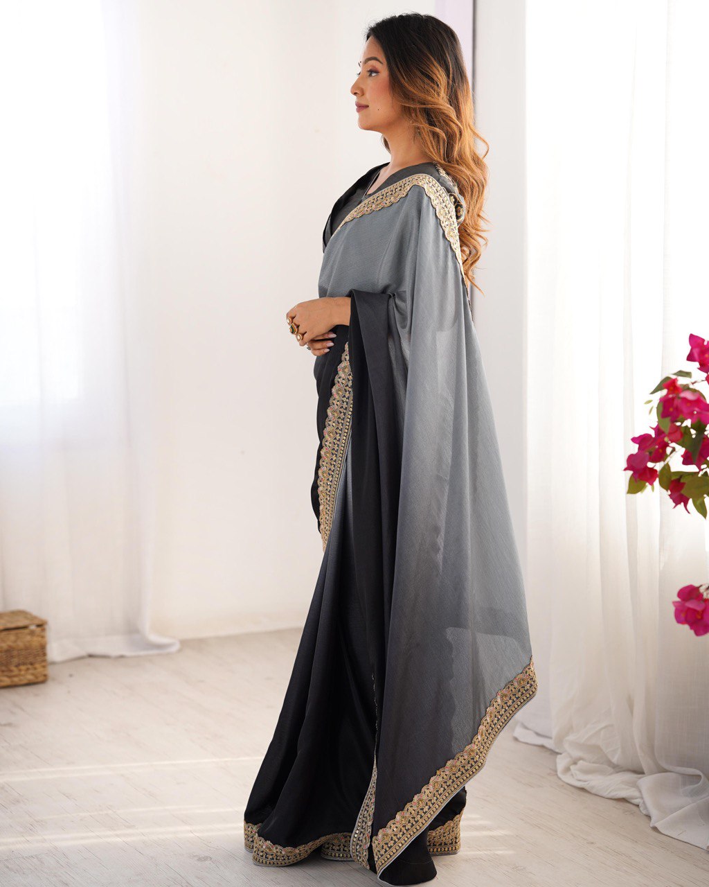 Party Wear Black-Grey Color Chinon Silk And Thread With Sequence Lace Work Saree