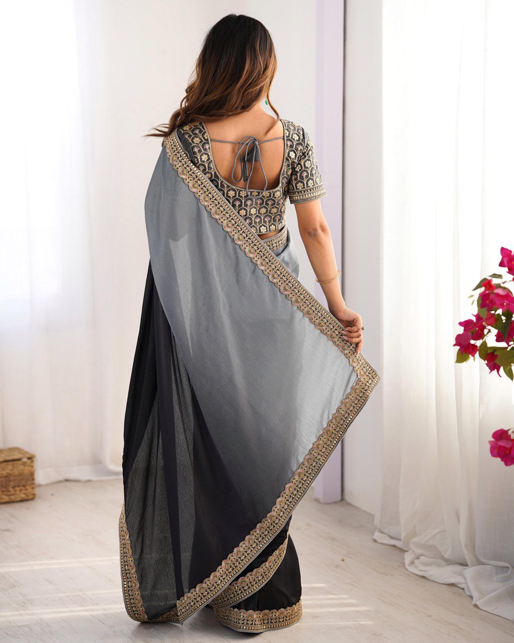 Party Wear Black-Grey Color Chinon Silk And Thread With Sequence Lace Work Saree