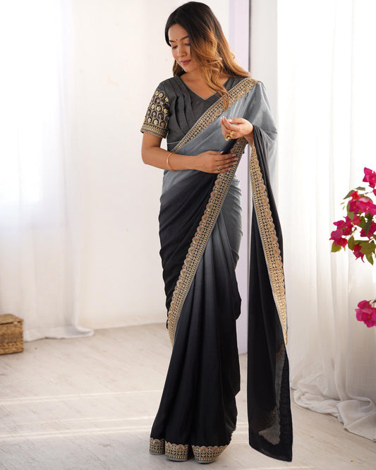 Party Wear Black-Grey Color Chinon Silk And Thread With Sequence Lace Work Saree