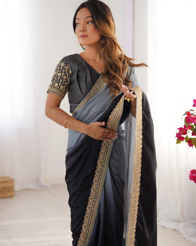 Party Wear Black-Grey Color Chinon Silk And Thread With Sequence Lace Work Saree