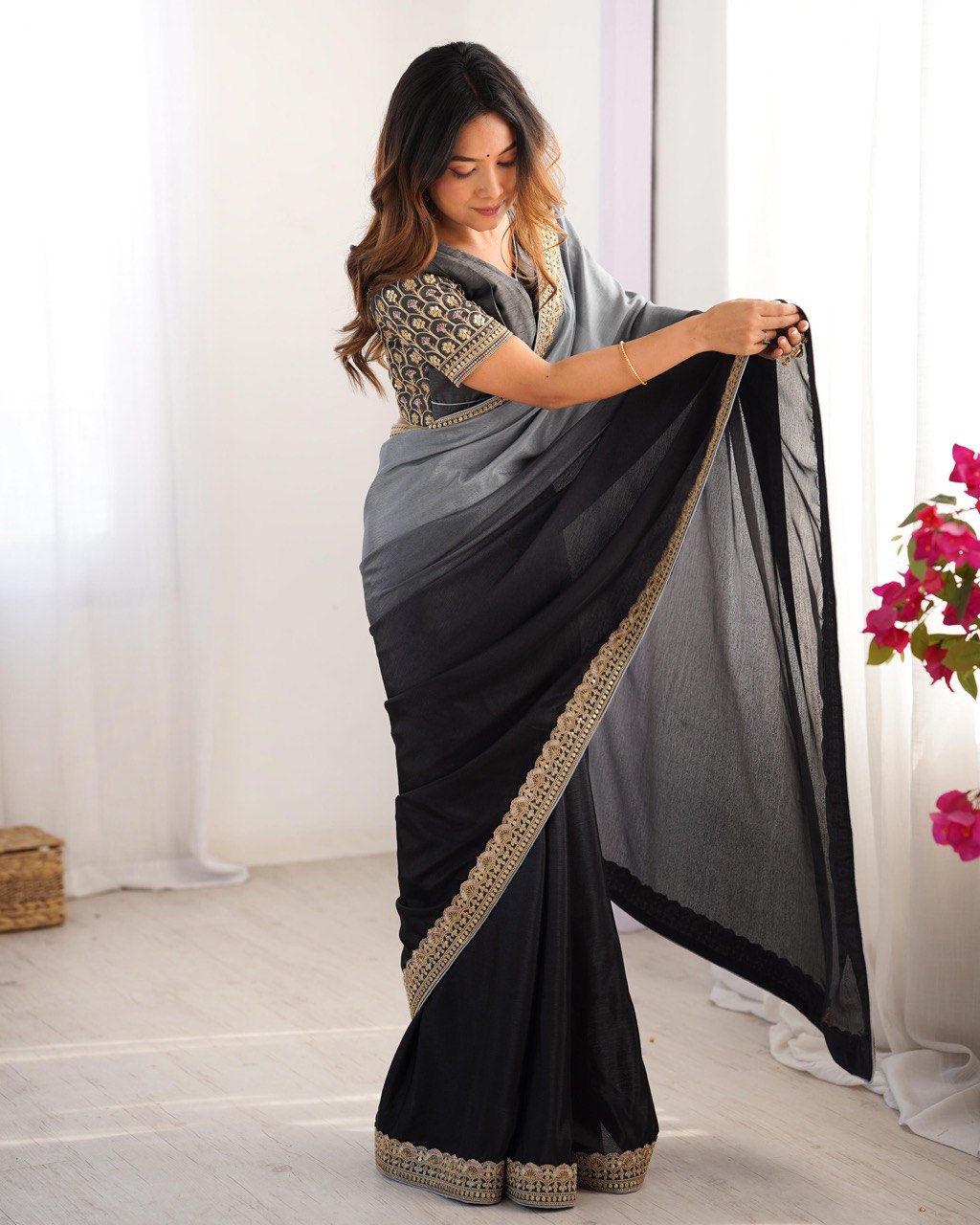 Party Wear Black-Grey Color Chinon Silk And Thread With Sequence Lace Work Saree