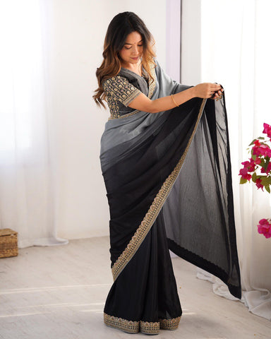 Party Wear Black-Grey Color Chinon Silk And Thread With Sequence Lace Work Saree