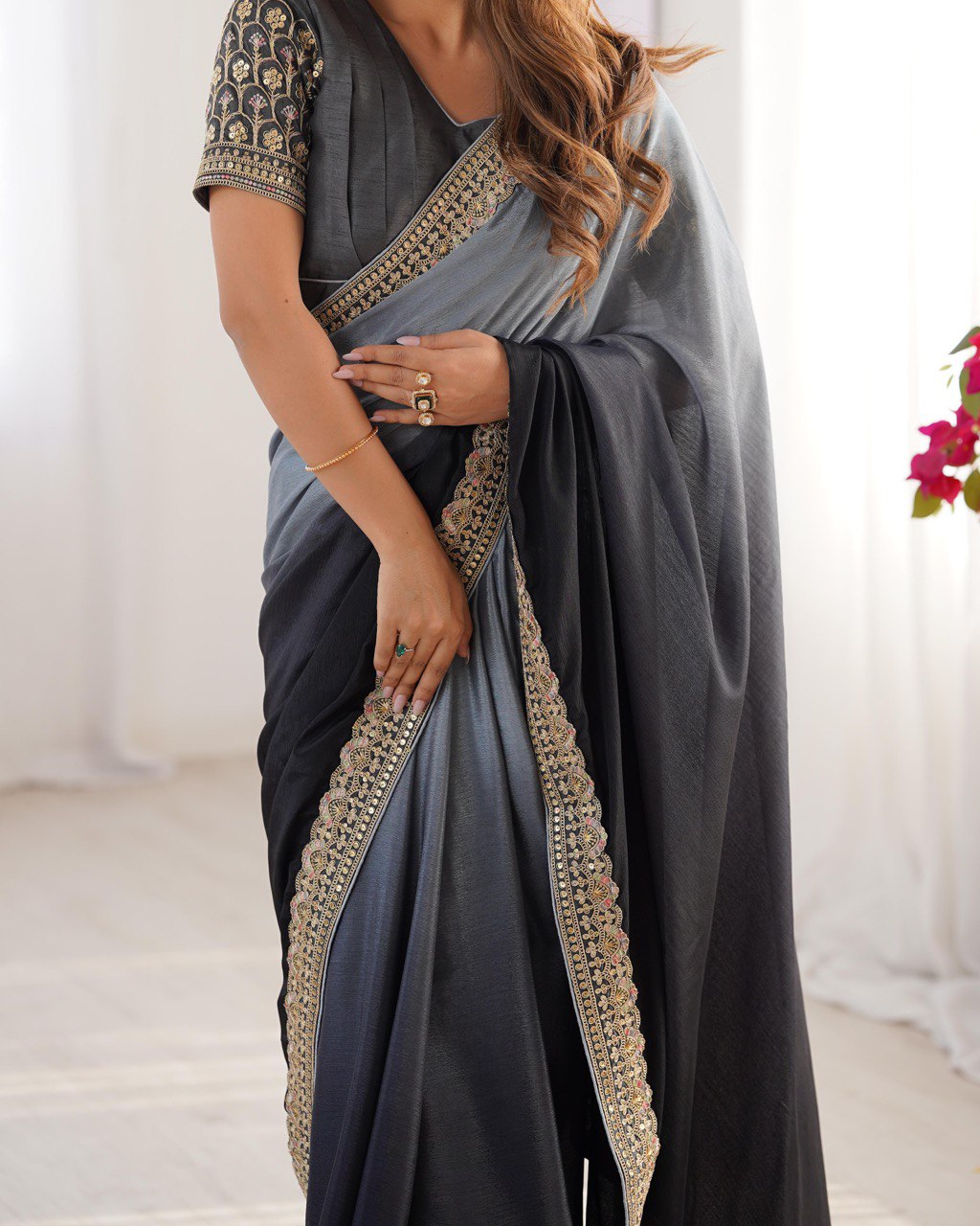 Party Wear Black-Grey Color Chinon Silk And Thread With Sequence Lace Work Saree