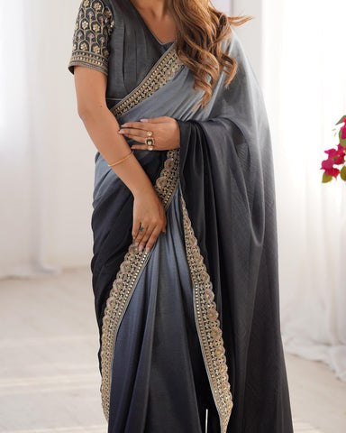 Party Wear Black-Grey Color Chinon Silk And Thread With Sequence Lace Work Saree
