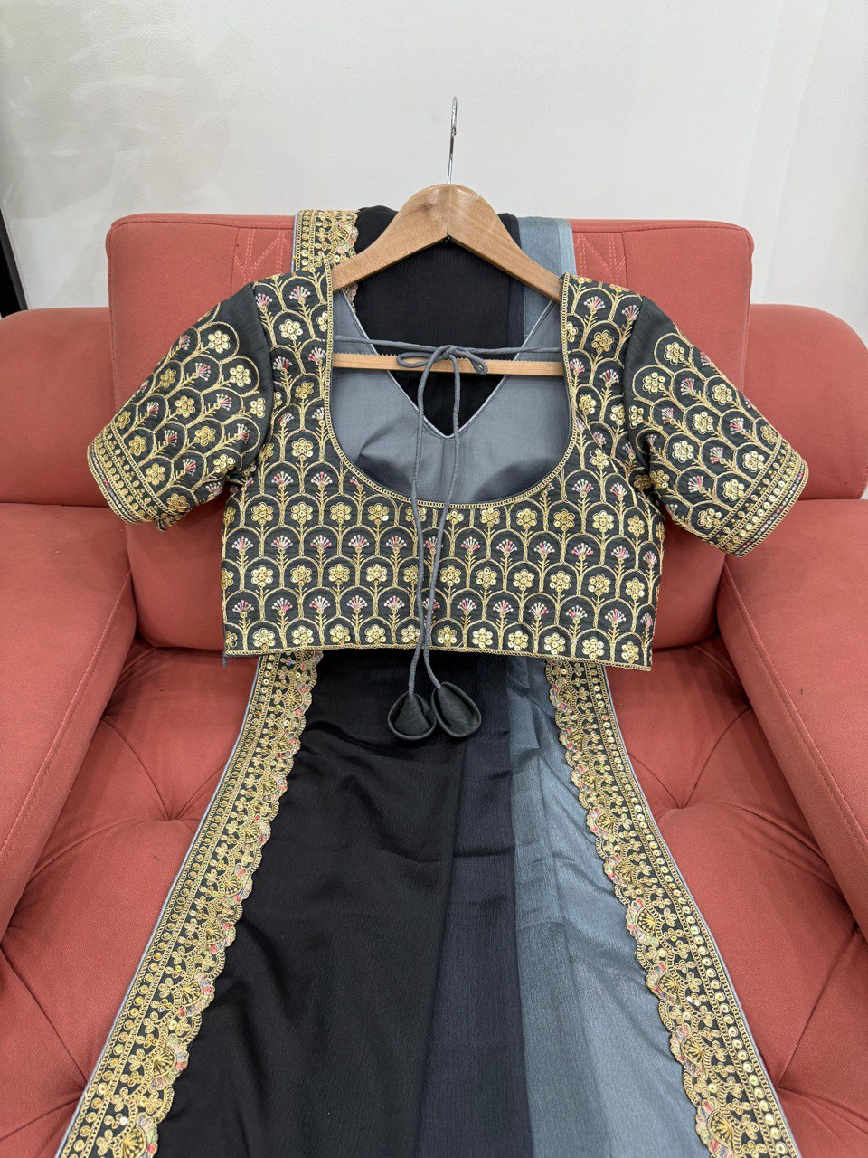 Party Wear Black-Grey Color Chinon Silk And Thread With Sequence Lace Work Saree
