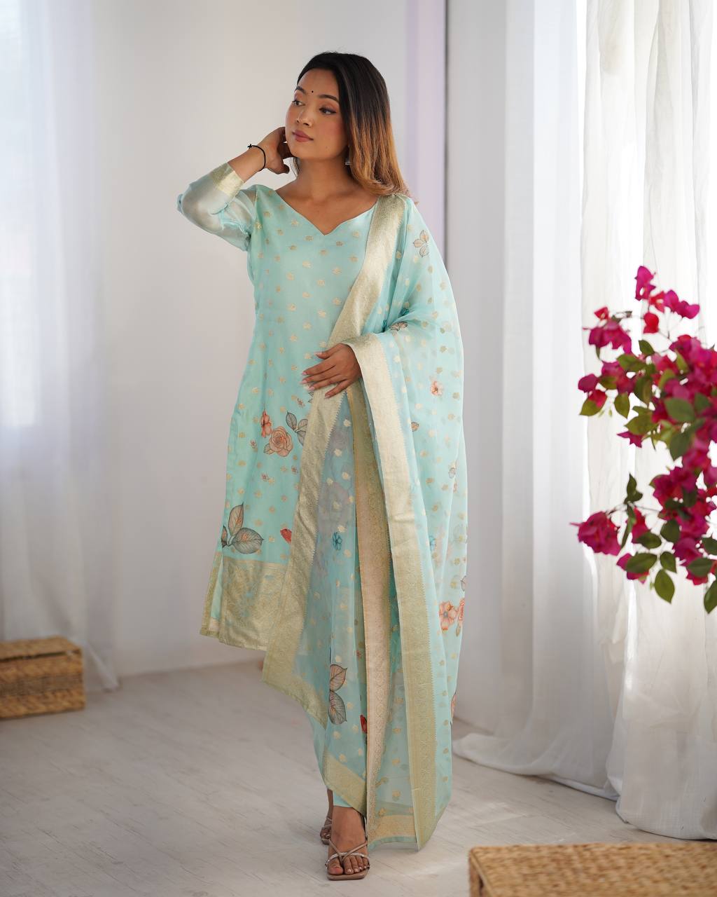 Festive Wear Sky Green Color Chanderi Silk Jacquard Work With Digital Printed Salwar Suit