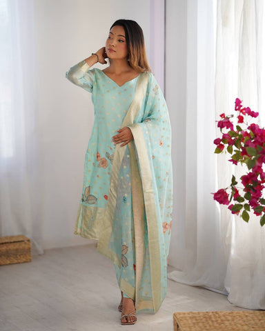 Festive Wear Sky Green Color Chanderi Silk Jacquard Work With Digital Printed Salwar Suit