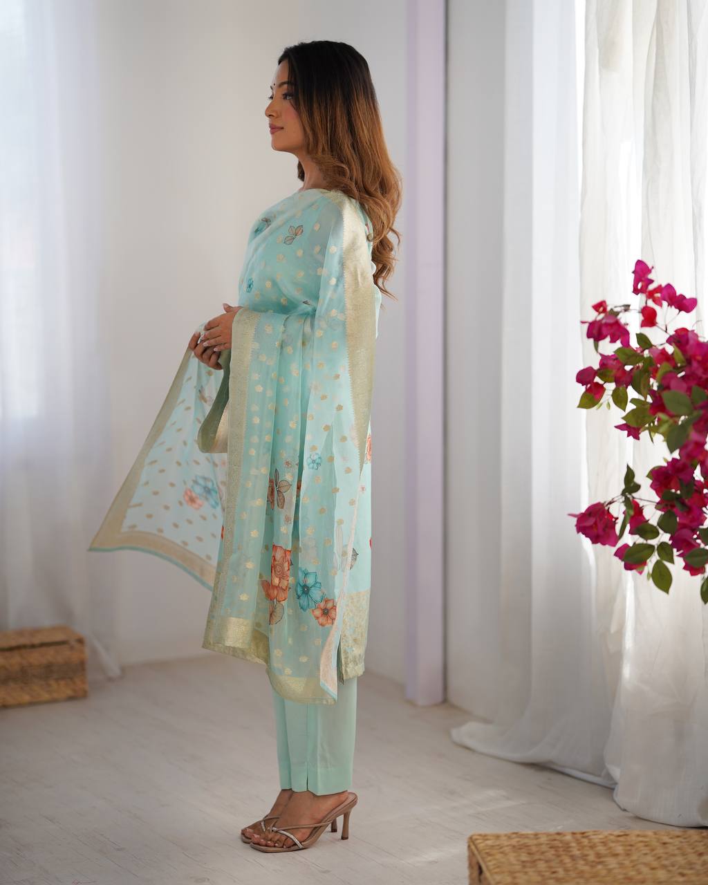 Festive Wear Sky Green Color Chanderi Silk Jacquard Work With Digital Printed Salwar Suit