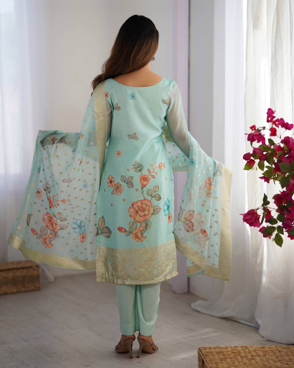 Festive Wear Sky Green Color Chanderi Silk Jacquard Work With Digital Printed Salwar Suit