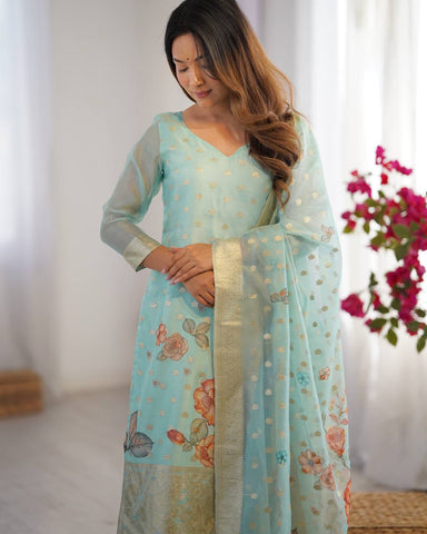 Festive Wear Sky Green Color Chanderi Silk Jacquard Work With Digital Printed Salwar Suit