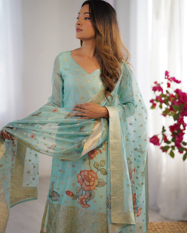 Festive Wear Sky Green Color Chanderi Silk Jacquard Work With Digital Printed Salwar Suit