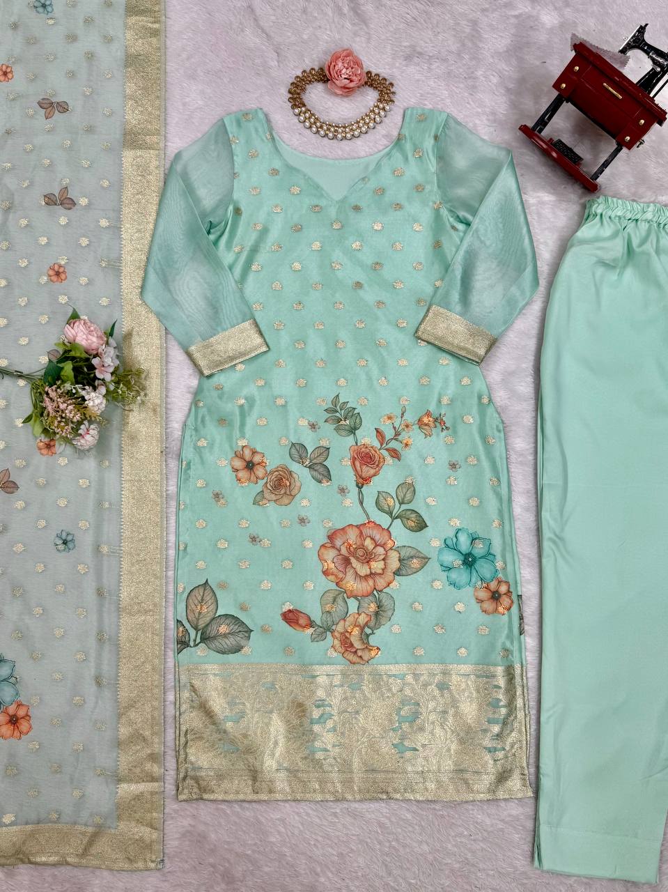 Festive Wear Sky Green Color Chanderi Silk Jacquard Work With Digital Printed Salwar Suit