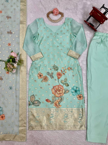 Festive Wear Sky Green Color Chanderi Silk Jacquard Work With Digital Printed Salwar Suit