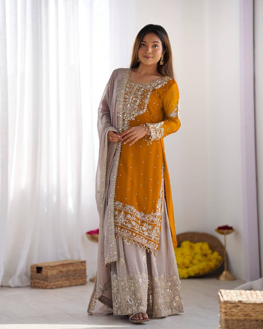 Reception Wear Mustard Color Heavy Faux Georgette With Heavy Embroidery Work Palazzo Suit