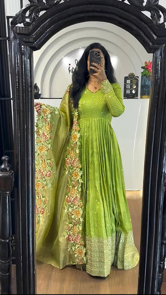 Party Wear Green Color Chinon Silk With Embroidery Sequence Work Gown