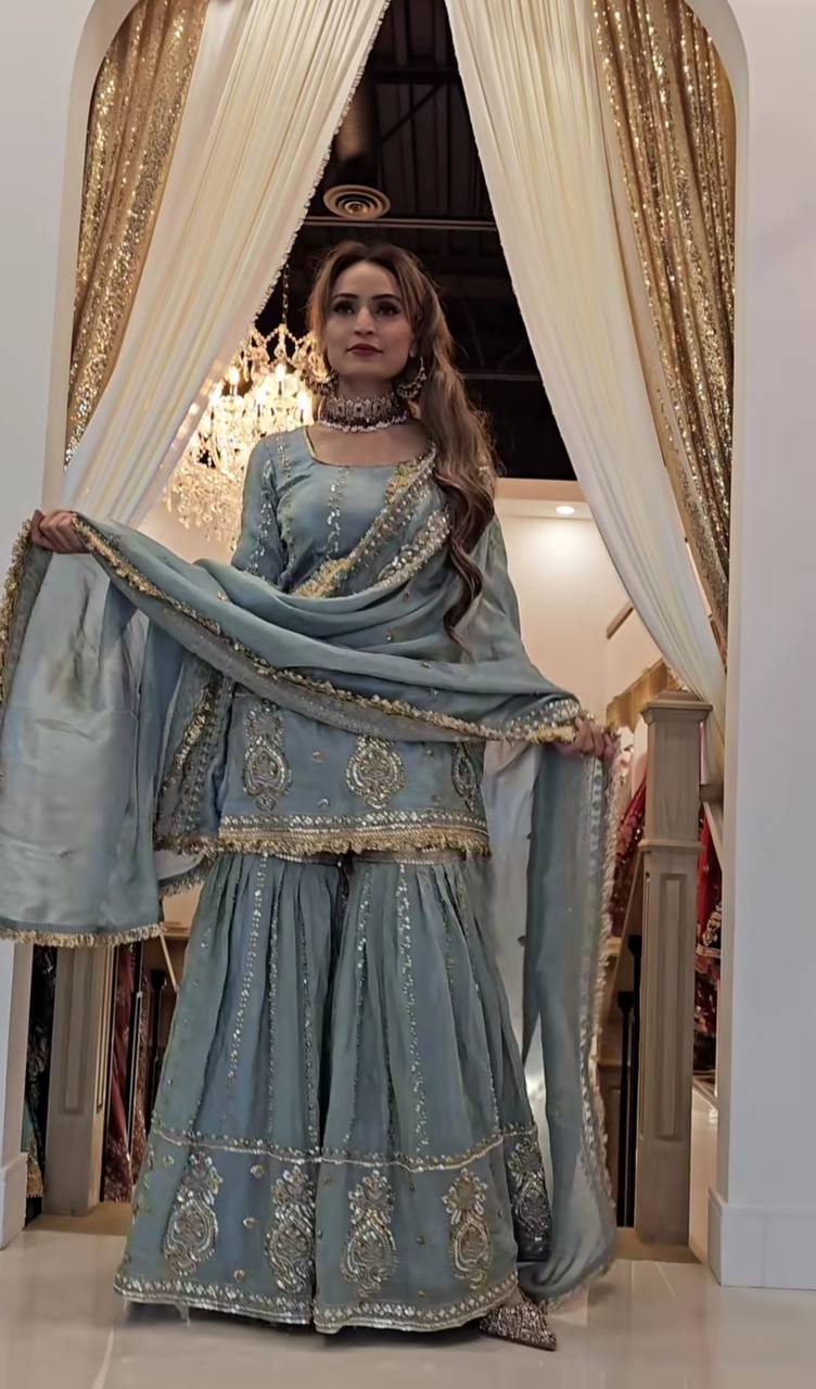 Ceremony Wear Grey Color Chinon Silk With Heavy Embroidery Work Sharara Suit