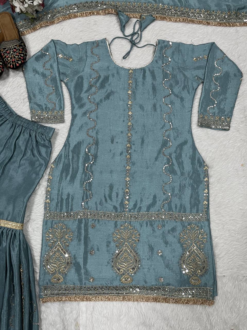 Ceremony Wear Grey Color Chinon Silk With Heavy Embroidery Work Sharara Suit