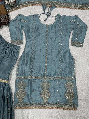 Ceremony Wear Grey Color Chinon Silk With Heavy Embroidery Work Sharara Suit