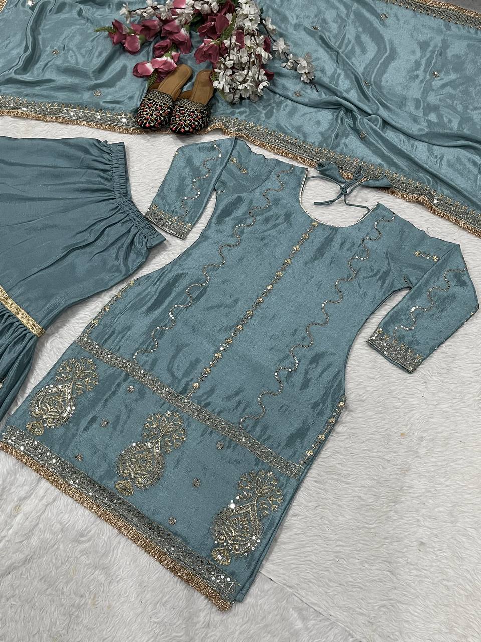 Ceremony Wear Grey Color Chinon Silk With Heavy Embroidery Work Sharara Suit