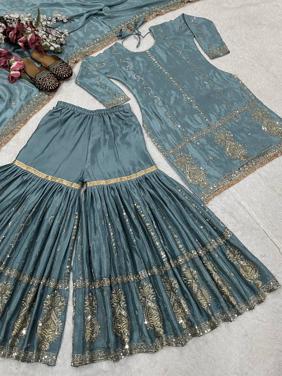 Ceremony Wear Grey Color Chinon Silk With Heavy Embroidery Work Sharara Suit