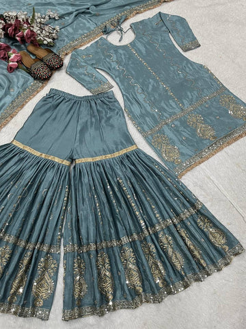 Ceremony Wear Grey Color Chinon Silk With Heavy Embroidery Work Sharara Suit