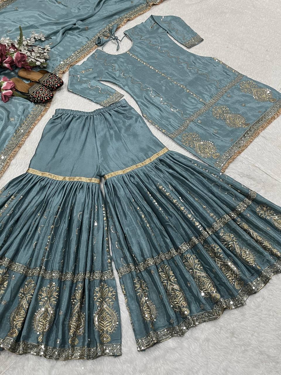 Ceremony Wear Grey Color Chinon Silk With Heavy Embroidery Work Sharara Suit