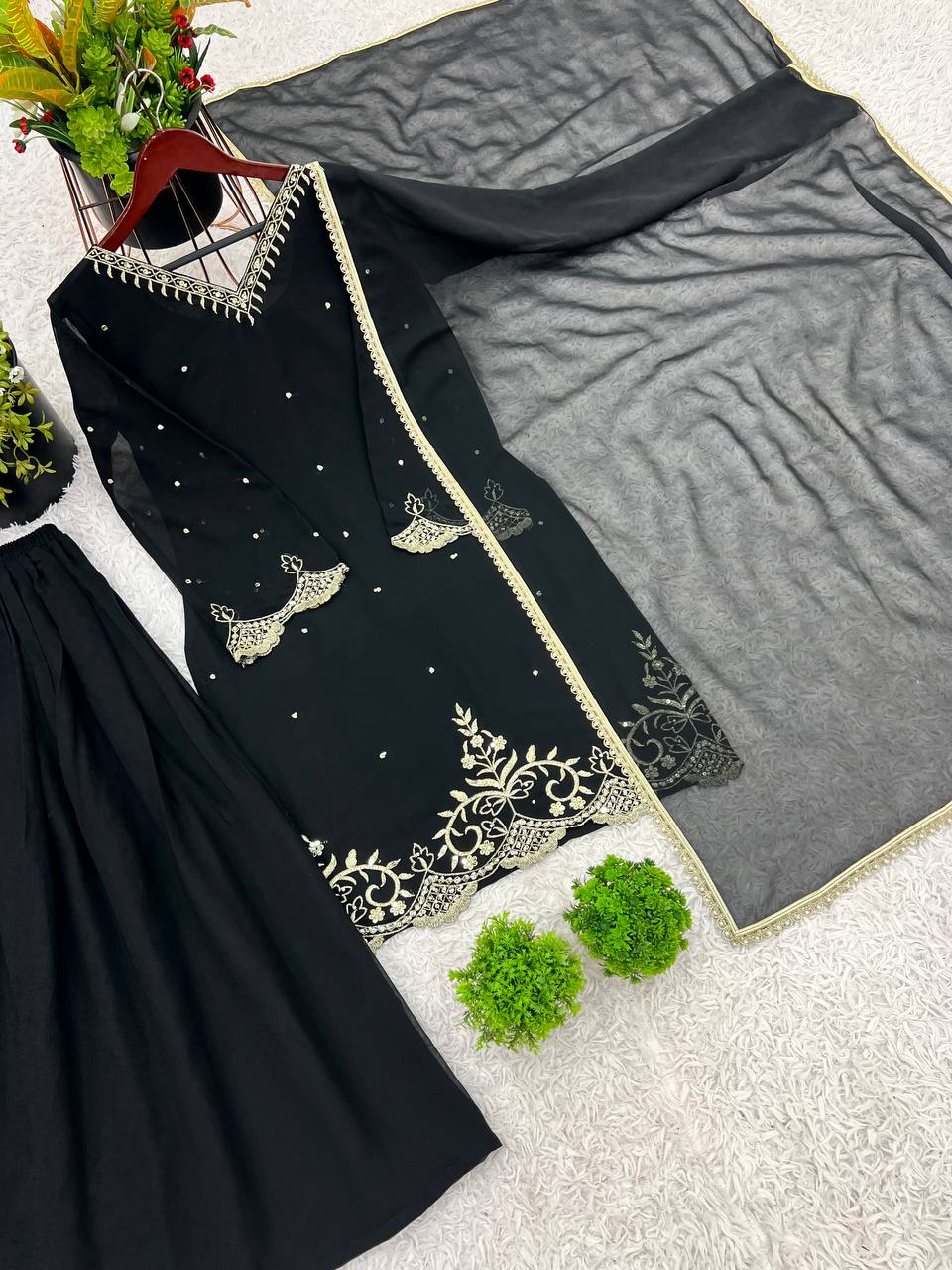 Celebrity Style Black Color Heavy Faux Georgette With Embroidery Sequence Work Palazzo Suit