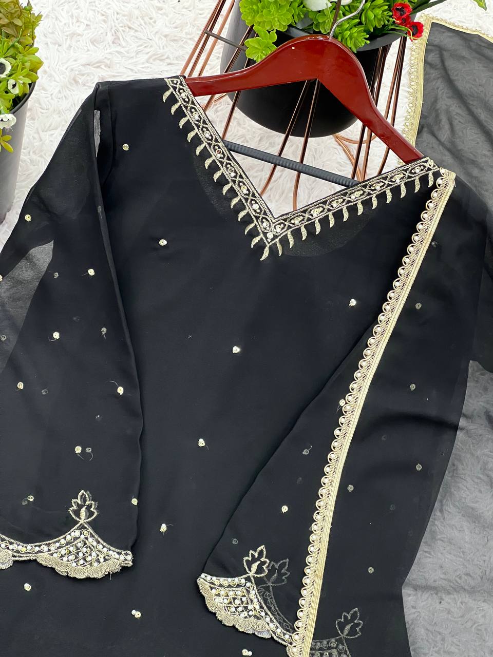 Celebrity Style Black Color Heavy Faux Georgette With Embroidery Sequence Work Palazzo Suit