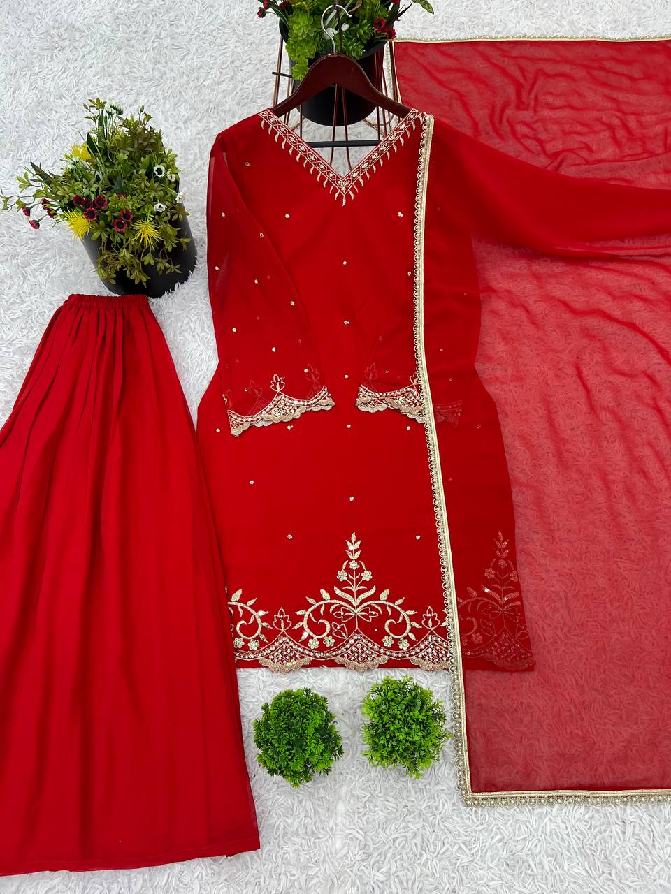 Celebrity Style Red Color Heavy Faux Georgette With Embroidery Sequence Work Palazzo Suit