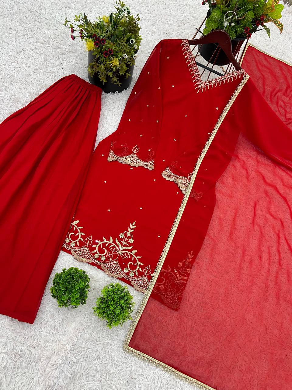 Celebrity Style Red Color Heavy Faux Georgette With Embroidery Sequence Work Palazzo Suit