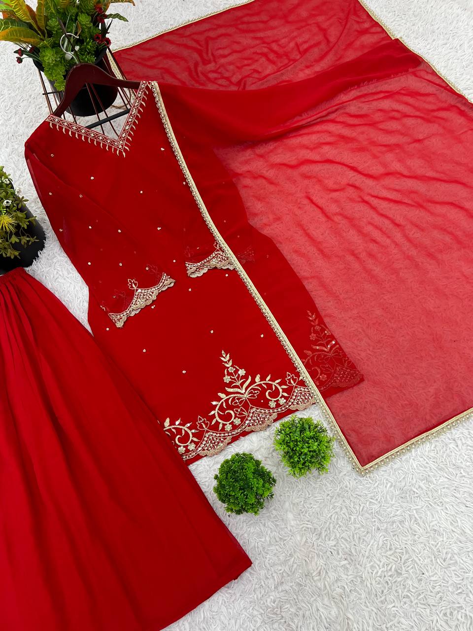 Celebrity Style Red Color Heavy Faux Georgette With Embroidery Sequence Work Palazzo Suit